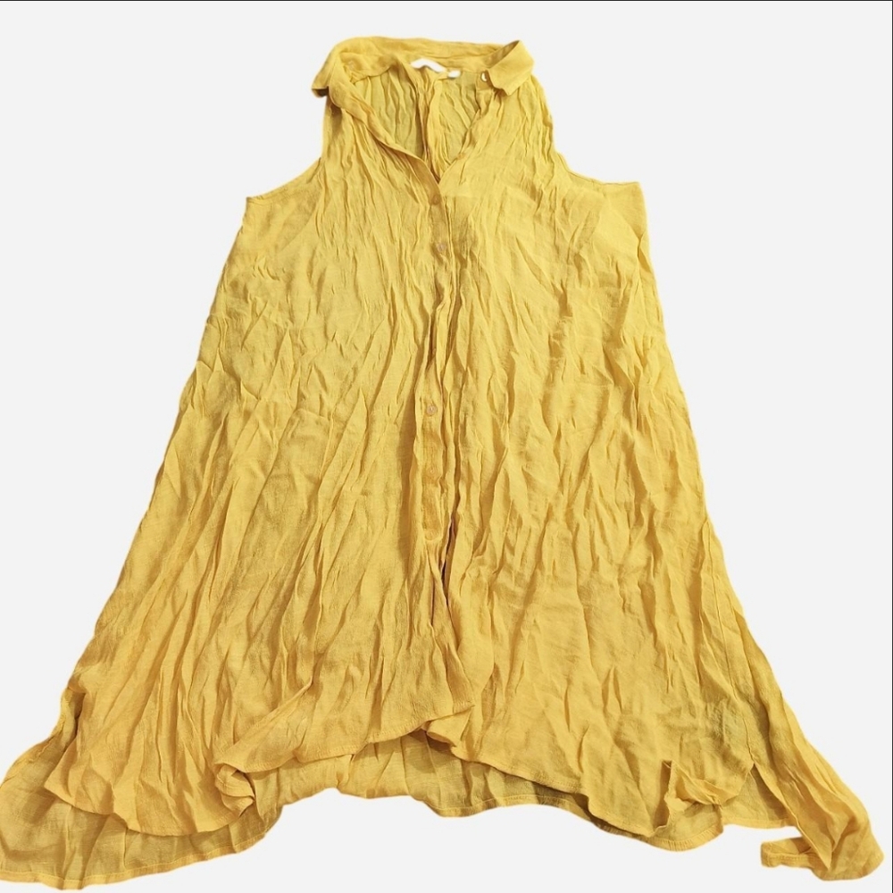 Mlle Gabrielle Oversized Asymmetrical Button Up Sheer Tank Dress Yellow Sz 2x